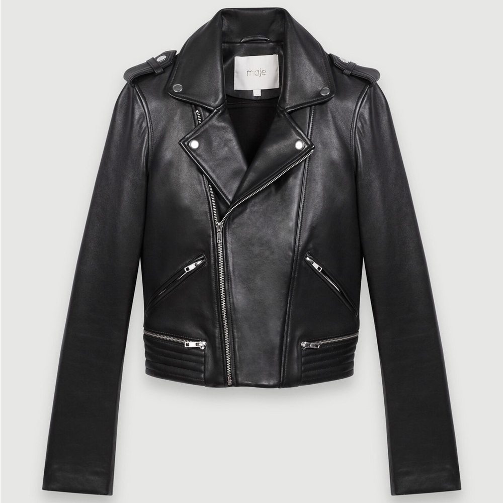 Maje Black Leather Biker Jacket with Epaulets